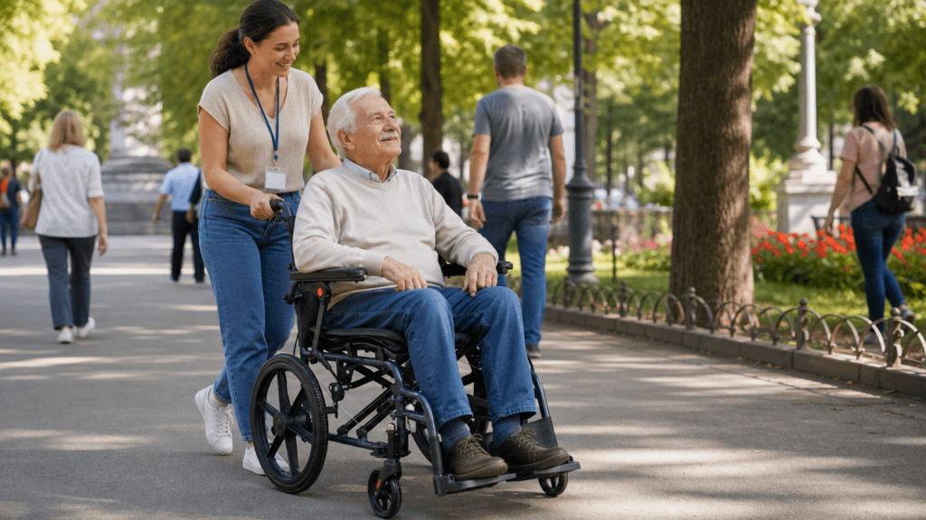 AndCare China Real Factory AC909L(16) Aluminum Ergonomic Manual Wheelchair Lightweight S-Shaped Cushion Caregiver Outdoor Elderly Compact Travel Amazon Hot Selling Supplier OEM Wholesale ISO 13485 CE FDA