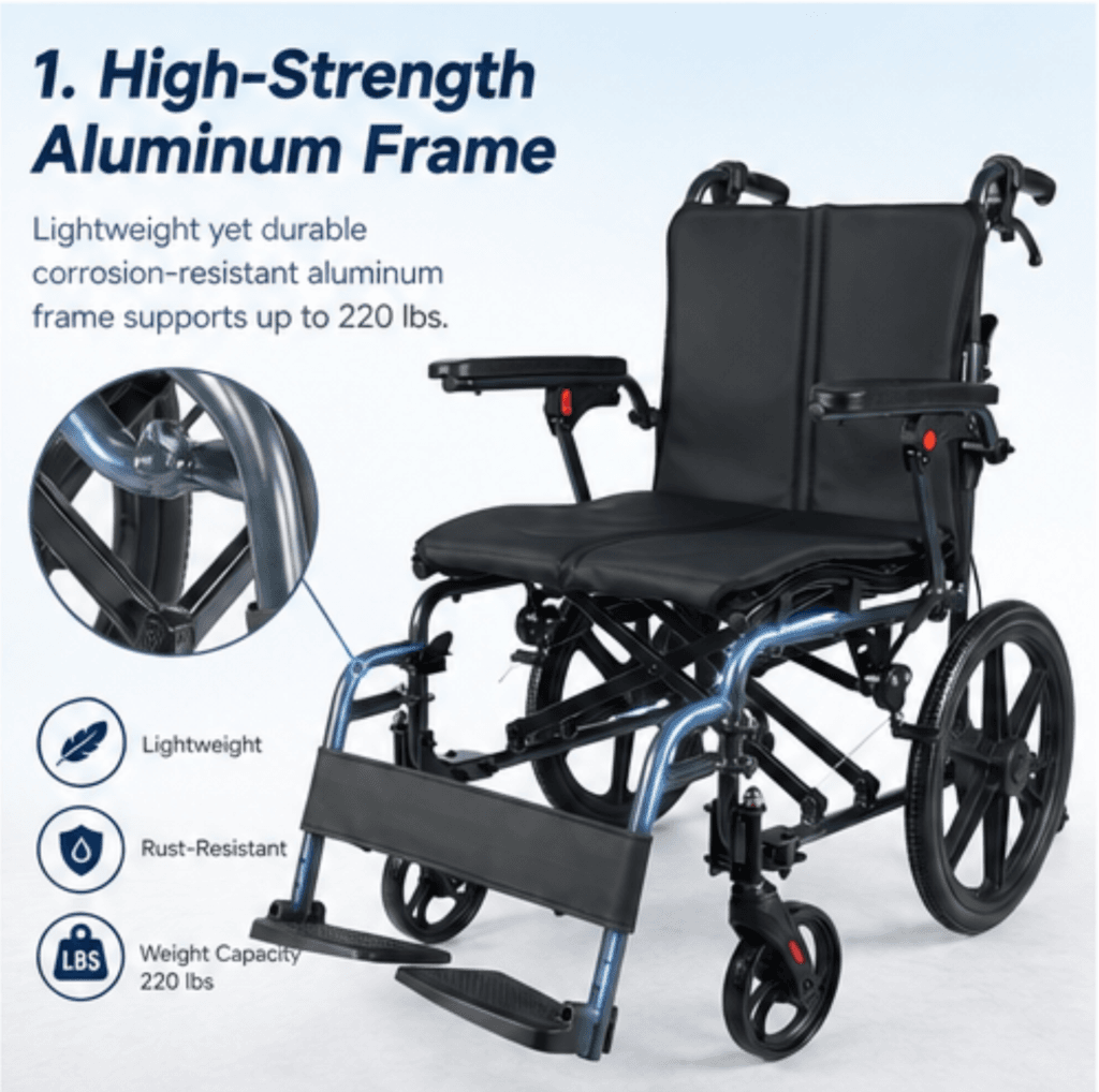 AndCare China Real Factory AC909L(16) High-Strength Aluminum Frame Lightweight Durable Rust-Resistant 100kg Load Ergonomic Manual Wheelchair Amazon Hot Selling Supplier OEM Wholesale ISO 13485 CE FDA