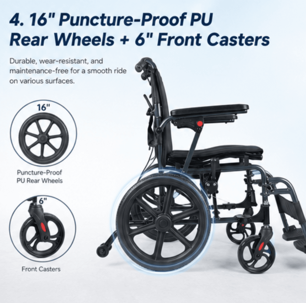 AndCare China Real Factory AC909L(16) 16 Inch Puncture-Proof PU Rear Wheels 6 Inch Front Casters Compact Travel Smooth Ride Aluminum Ergonomic Manual Wheelchair Amazon Hot Selling Supplier OEM Wholesale ISO 13485 CE FDA