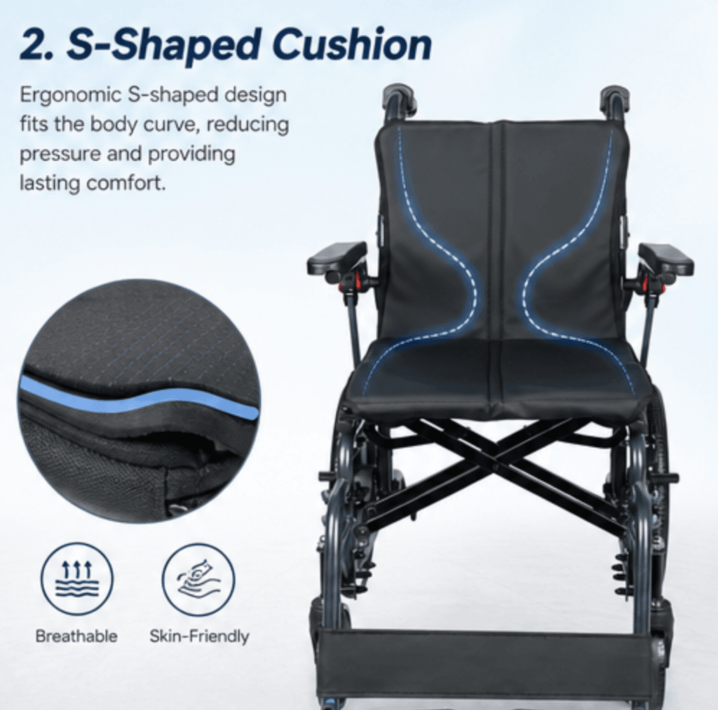 AndCare China Real Factory AC909L(16) S-Shaped Ergonomic Cushion Breathable Skin-Friendly Split Leather Comfort Aluminum Manual Wheelchair Amazon Hot Selling Supplier OEM Wholesale ISO 13485 CE FDA