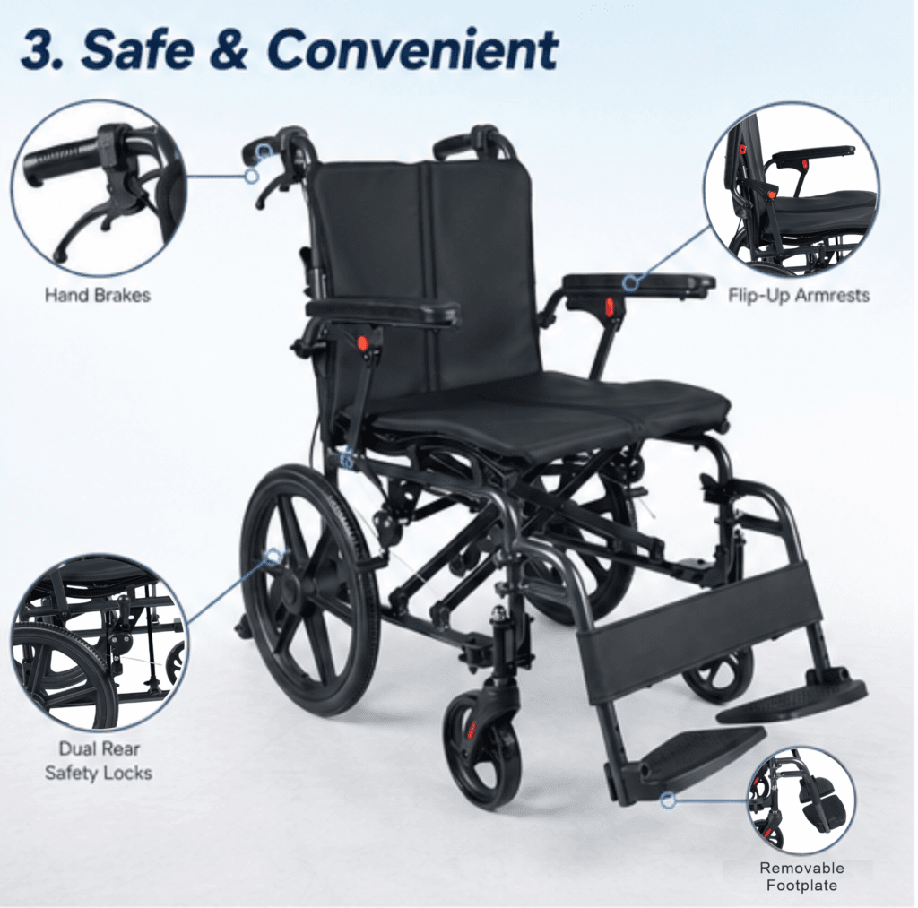 AndCare China Real Factory AC909L(16) Safe Convenient Hand Brakes Flip-Up Armrests Dual Rear Safety Locks Removable Footplate Ergonomic Manual Wheelchair Amazon Hot Selling Supplier OEM Wholesale ISO 13485 CE FDA