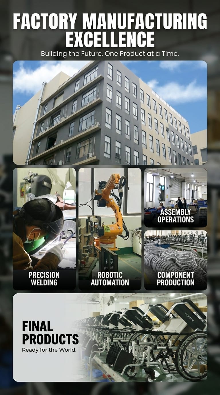 Wheelchair manufacturing facility showcasing precision welding, robotic automation, assembly line, and component production processes
