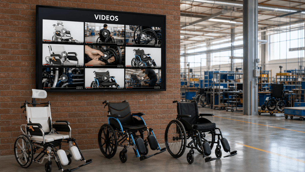 Wheelchair product video library showroom with video wall displaying demo videos and three wheelchairs on display